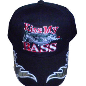 Embroidered Kiss My BASS Fishing Baseball Cap, Black, Strapback, Trucker Hat